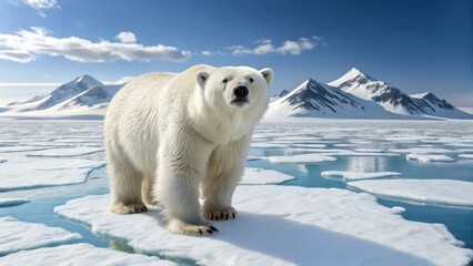 Majestic polar bear standing proudly on ice floes under a blue arctic sky