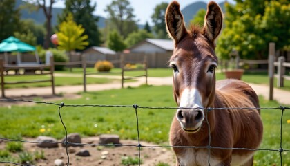 Obraz premium a brown donkey stands inside an enclosed area with a green fence, looking directly at the camera behind a barbed wire fence