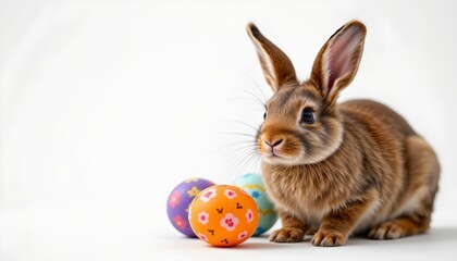 the photo features an easter bunny sitting next to easter eggs on a surface, with one of the eggs positioned in front of it as if being blown away by a puff of wind