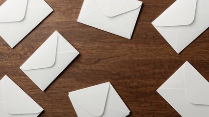 Top view of envelopes arranged on a dark wooden background for brand identity