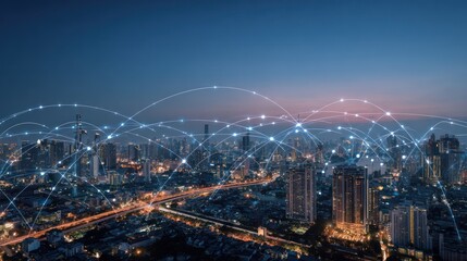 Fototapeta premium Cityscape at night with interconnected network