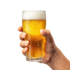 Hand holding a glass of light-colored beer