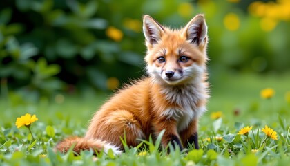 a small, fluffy fox is sitting in the grass among wildflowers. the fox has white fur with spots of brown and black. it appears alert and curious, looking to its left towards the camera