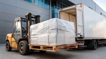 Naklejka premium Forklift truck transporting wooden pallets in a warehouse setting for logistics and cargo operations in a busy industrial area