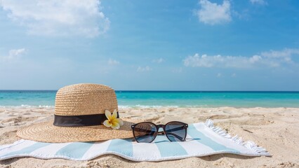 Sunny day at the shore showcasing summer beach items: a straw hat with a frangipani flower, sunglasses, and a towel lying on the sand against a backdrop of blue sky and clouds.