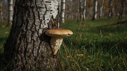 Forest scene featuring a bracket fungus growing on birch, with sunlight enhancing the bark's texture.