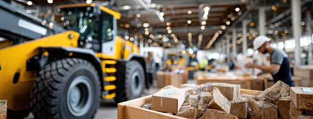 Naklejka premium Forklift truck transporting wooden pallets in a warehouse setting for logistics and cargo operations in a busy industrial area