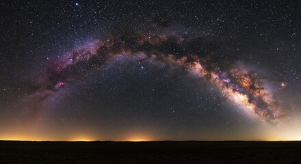 Panoramic view of the milky way galaxy arching across a starry night sky above a faint horizon