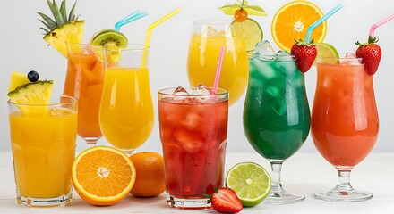 Colorful Summer Cocktails Variety with Fresh Fruits and Ice Cubes on White Background