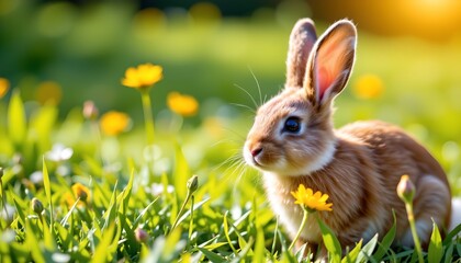 Fototapeta premium a bunny standing in a field of grass with yellow flowers. the bunny is facing towards the right side of the frame
