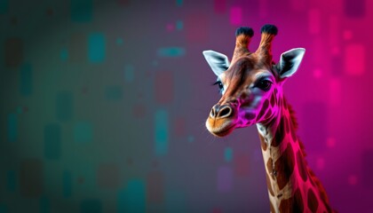 this is an artistic rendering of a giraffe, captured against a vibrant, multi colored background that resembles a pixelated digital display