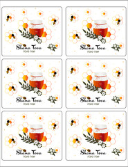 Label / sticker design for jewish new year with honeycomb, bees and flowers 