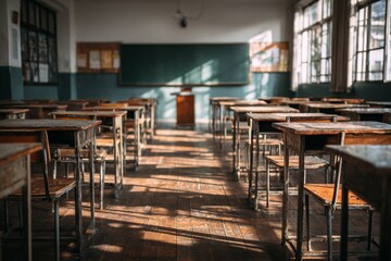 Empty Examination Hall with Wooden Desks and Natural Light