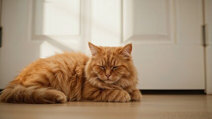 Tabby cat dozing off at the doorstep inside the house.
