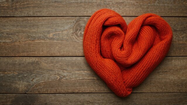 Heart-shaped ginger scarf on rustic wood backdrop, autumn greeting card idea with blank area.