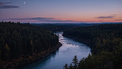 As dusk settles, a peaceful river meanders through thick woodlands beneath a twilight sky, while a crescent moon ascends above distant peaks, evoking calmness.