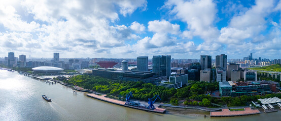 Panoramic Aerial view of Shanghai World Expo area on cloudy day.