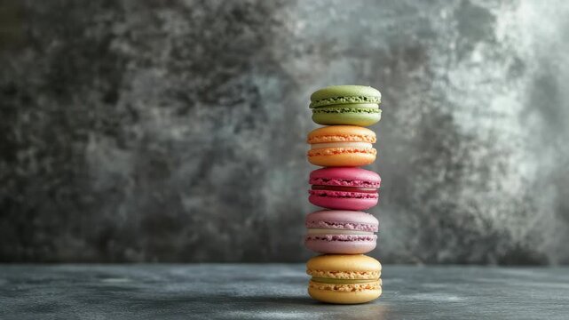 Colorful stack of six macarons organized by flavor against gray marbled background