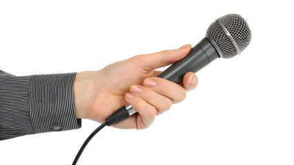 Hand holding microphone isolated on white background isolated on a transparent background