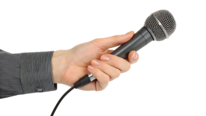 Hand holding microphone isolated on white background isolated on a transparent background