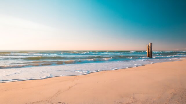 Sandy shore with ocean waves and wooden posts beach - Powered by Adobe