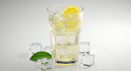 Refreshing Lemon Drink with Ice Cubes on White Background
