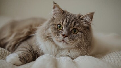Playful straight furred cat sprawled on a comfy blanket. Detailed image of a lovable home pet. Feline portrait. Relaxed domestic setting concept.