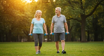 Golden Hour Workout Senior Couple Walking with Dumbbells in a SunKissed Park.