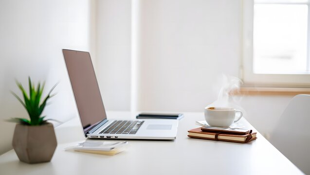 A laptop and a cup of hot coffee on a clean desk by the window