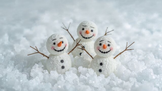 Delightful snowman figurines displayed on man-made snow, focused close-up, Christmas and winter celebration vibe