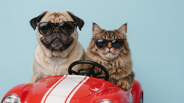 Entertaining pug and cat with cool sunglasses cruising in a toy car on a sky blue setting