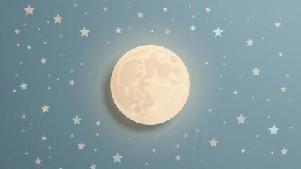 Vector illustration of a full moon against a star-filled night sky in pastel hues and paper cutout design