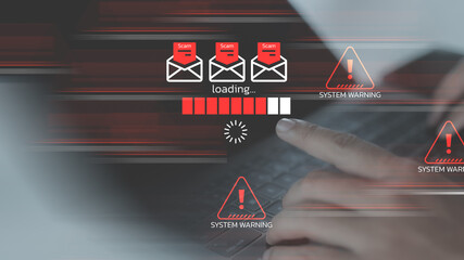 Finger pointing to keyboard with scam email and system warning icons, representing phishing attack,...