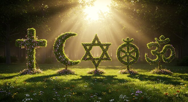 Symbols of major world religions in a peaceful nature setting, representing interfaith harmony and spiritual unity