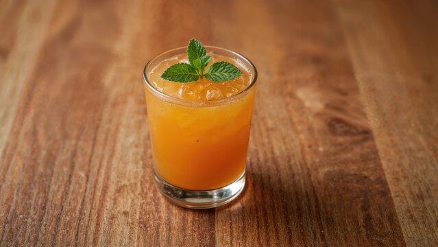 Brightly colored Bael beverage in a glass accompanied by mint leaves on a lively wooden backdrop