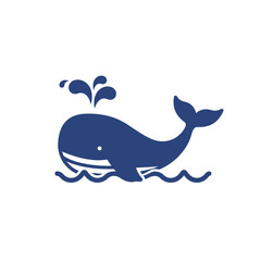 A charming blue cartoon whale icon spouting water from its blowhole, floating on stylized waves.
