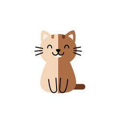 A cute two-toned brown cartoon cat sitting with a happy smile.