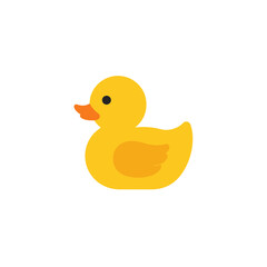 A classic yellow rubber duck toy icon with a bright orange beak. Simple flat design illustration of a bath toy shown in profile view.