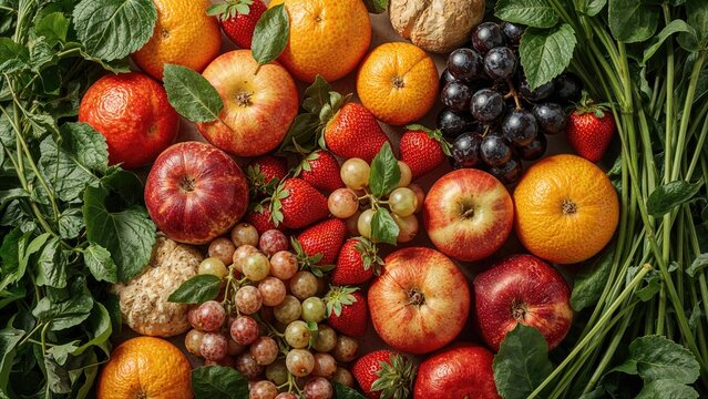 Isolated food textures featuring green vegetables and orange fruits, symbolizing health and garden freshness