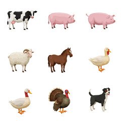 Naklejka premium Colorful illustrated set of nine domestic farm animals including a cow, pig, sheep, horse, duck, turkey, and dog, standing in profile.