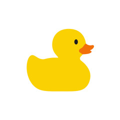 Minimalist yellow rubber duck toy icon with an orange beak. A simple, flat design illustration of a classic childhood bath toy.