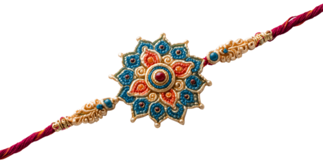 Beautiful handcrafted Rakhi with detailed floral design, vibrant colors, and ornamental beads, love and protection. traditional Raksha Bandhan festival. isolated on transparent background. PNG, cutout