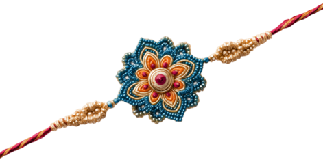 Beautiful handcrafted Rakhi with detailed floral design, vibrant colors, and ornamental beads, love and protection. traditional Raksha Bandhan festival. isolated on transparent background. PNG, cutout