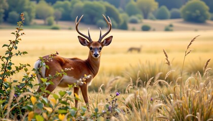 Fototapeta premium a deer standing in a field with tall grasses and some yellow flowers, positioned towards the center. the deer has antlers and is looking slightly to its right