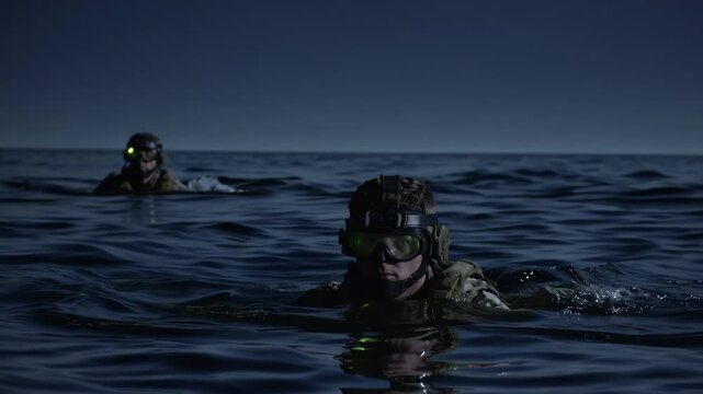 Special forces soldier night operation water stealth tactical gear military swimming night vision ocean mission determination stealthy night