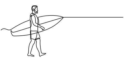 Fototapeta premium Continuous line drawing of sport man holding surfboard from back view. Vector illustration, surfboard standing upright beside him on the beach. 