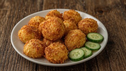 Homemade fried potato dish accompanied by cucumber slices on wooden surface