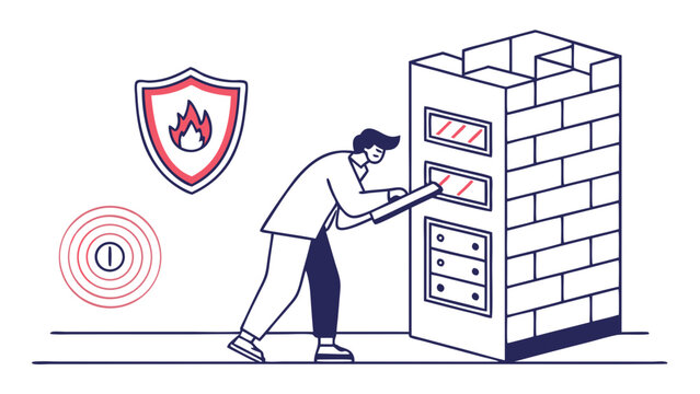 Man accessing secure server room with firewall protection.