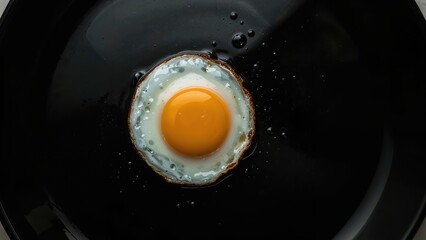 Top-down photo of a cooked egg on a black serving plate, healthy breakfast concept