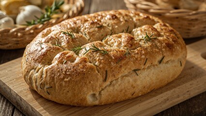 Fototapeta premium Warm Focaccia Bread Infused with Garlic and Rosemary
